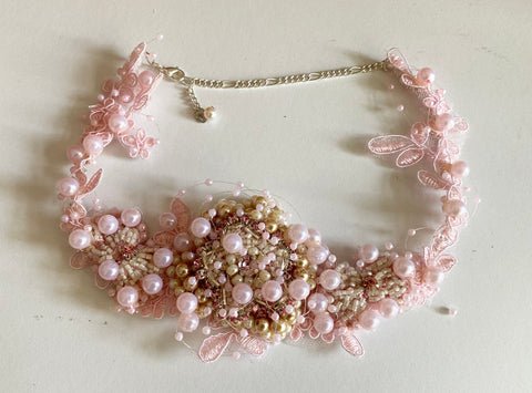 Craftuneed Handmade Pink Beaded Lace Necklace Faux Pearl Embroidered Floral Choker for Fairycore, Wedding or Costume Crafts