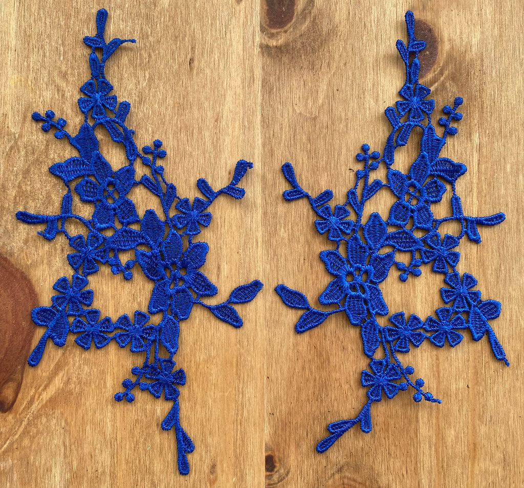 A Mirror Pair Royal Blue Floral Lace Appliques Embroidered Flower Lace Patches