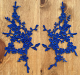 A Mirror Pair Royal Blue Floral Lace Appliques Embroidered Flower Lace Patches