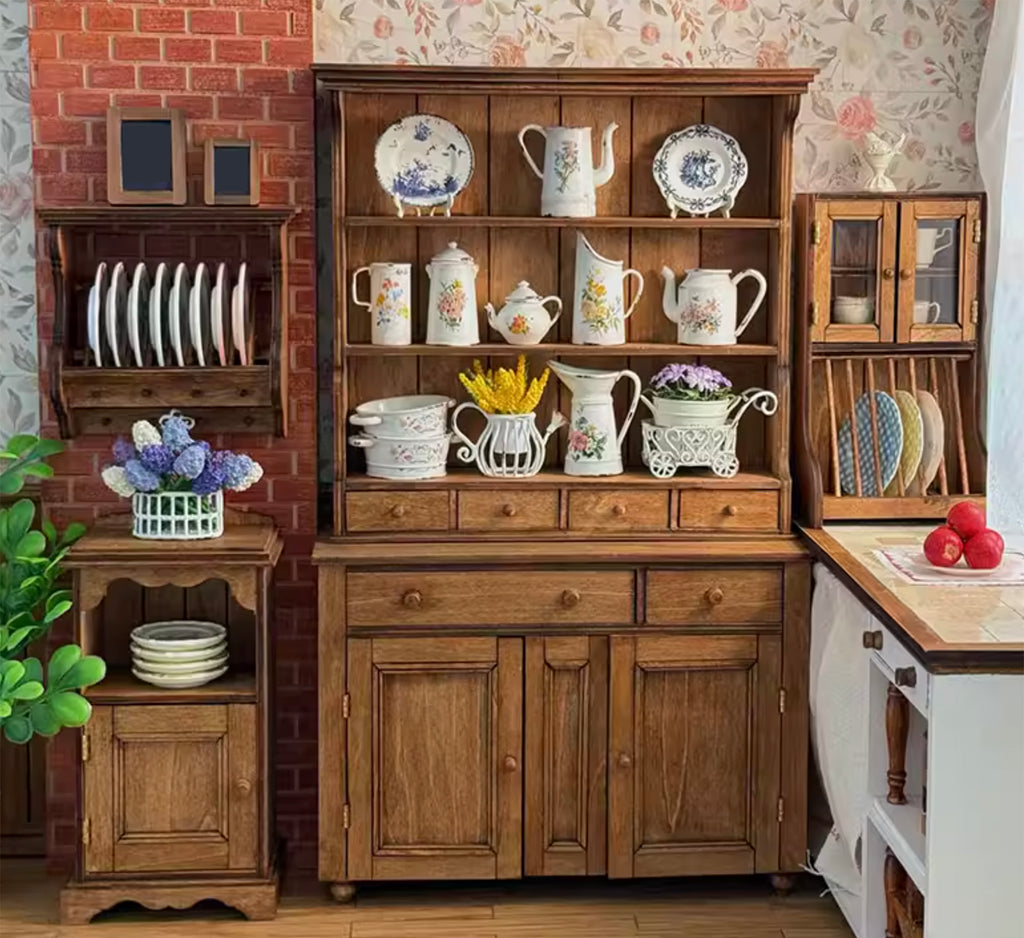 Handmade 1:6 scale Dollhouse Kitchen Cabinet Set of 4 Vintage Wooden Miniature Furniture Storage