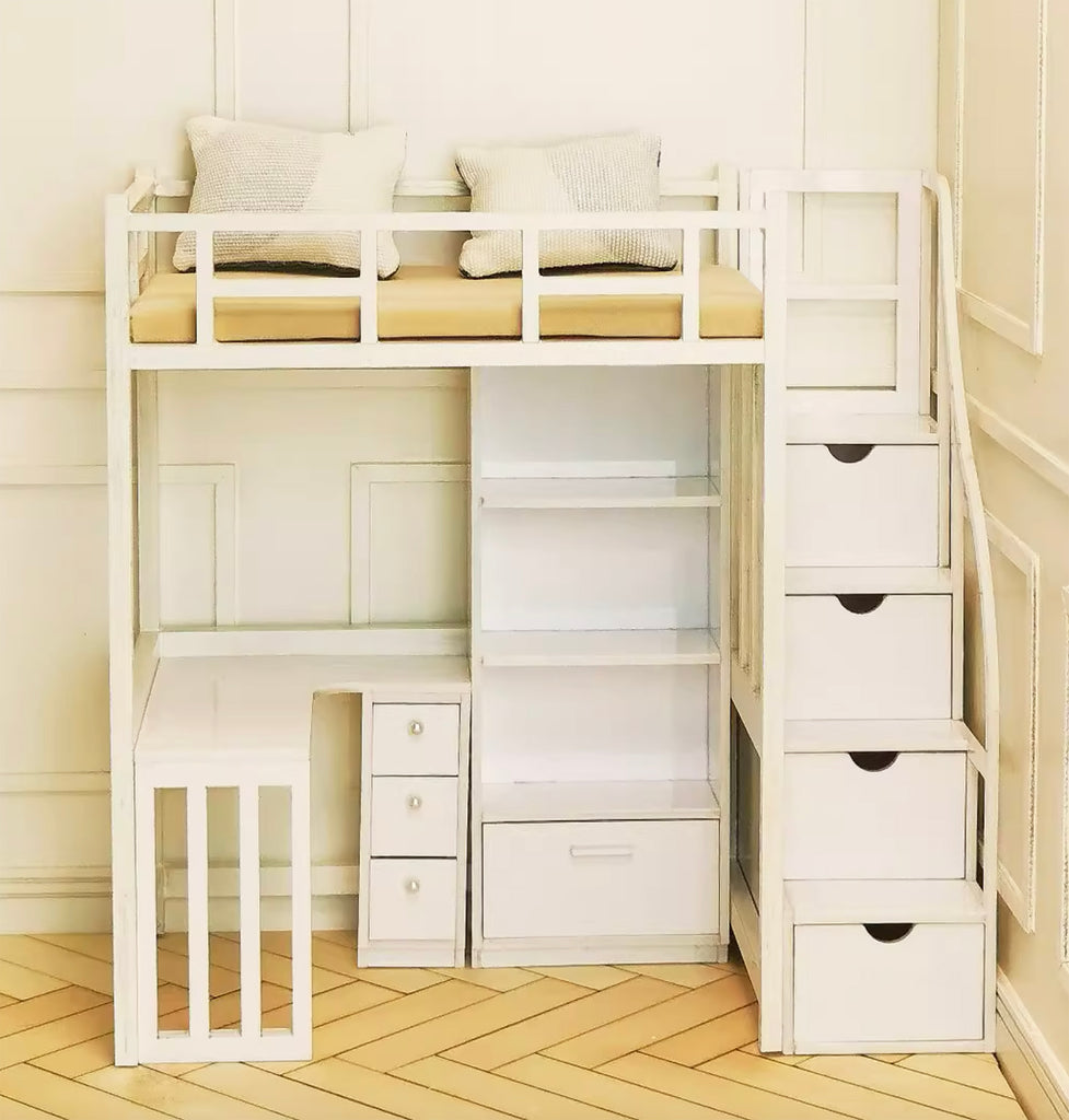 Handmade Dollhouse High-Low Loft Bunk Bed Miniature Wooden Bedroom Furniture in 1:12 Scale
