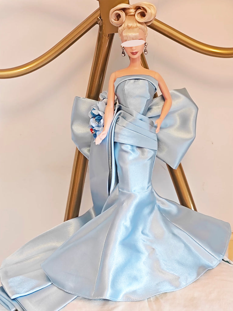 Handmade Doll Evening Gown With Bow Miniature Light Blue Satin Dress 1:6 Scale