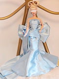 Handmade Doll Evening Gown With Bow Miniature Light Blue Satin Dress 1:6 Scale