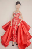 Handmade 1:6 Scale Doll Dress Miniature Red Lace Evening Gown with Rhinestones Details