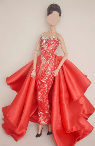 Handmade 1:6 Scale Doll Dress Miniature Red Lace Evening Gown with Rhinestones Details