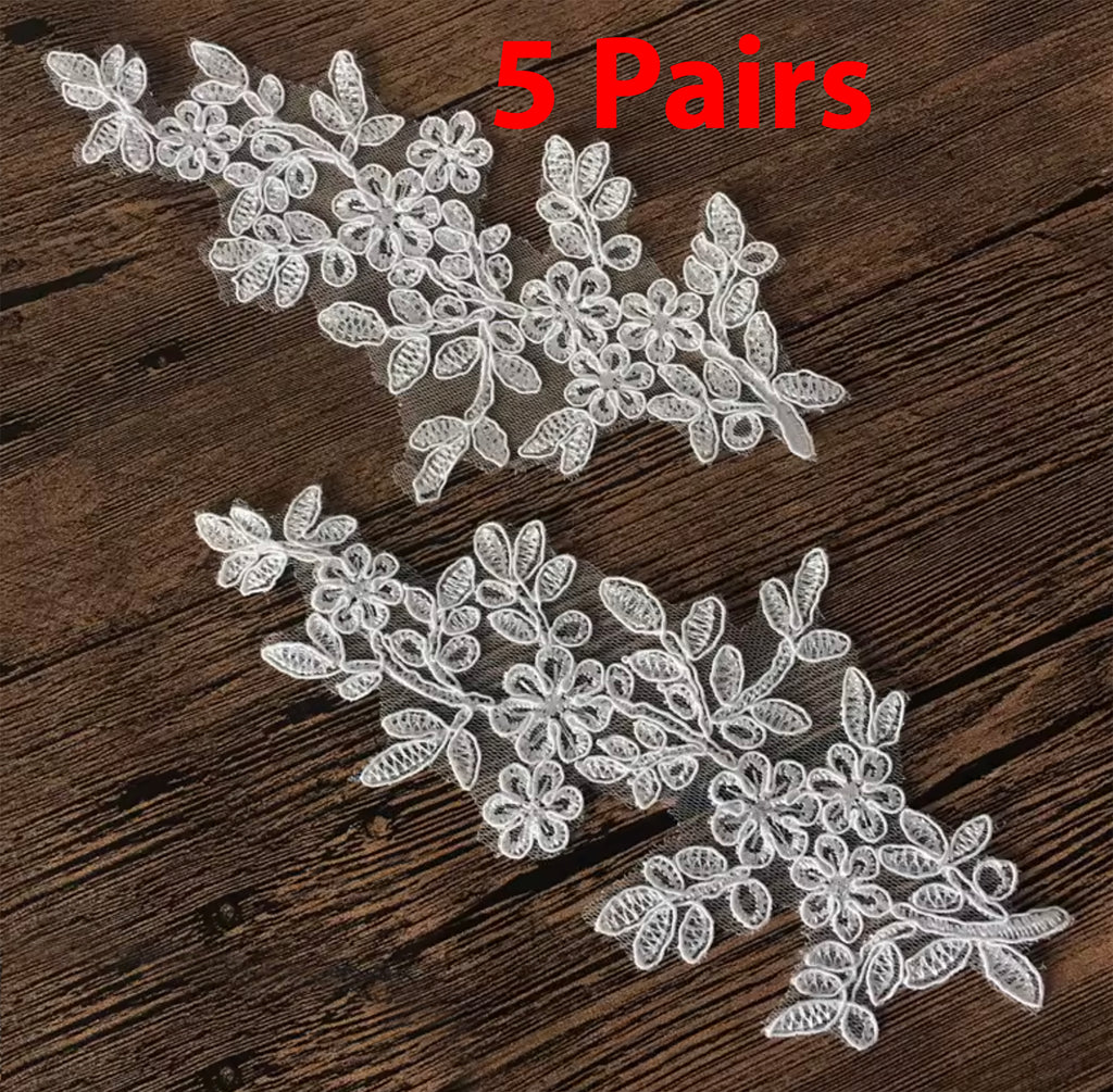 5 Pairs Bridal Lace Applique Ivory or White Floral Embroidery Motif Patch For DIY
