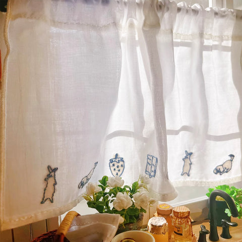 Craftuneed 1:6 Scale Miniature Dollhouse French Vintage Embroidered Curtains with Rod Handmade Doll Window Drapes Decor