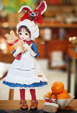 Craftuneed 1:6 Scale Fairy Tale Style Doll Outfit Handmade Blue Puff Sleeve Dress Set with Apron, Hat, Basket & Plushie for Slim BJD Dolls