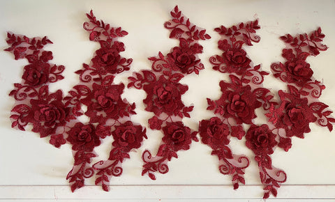 Craftuneed Bundle 5pcs wine 3D lace applique sew on double layer floral lace motif patch