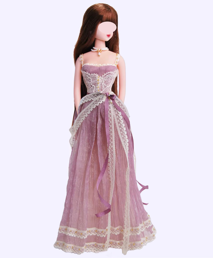 Handmade 1:6 Scale Doll Lace Dress with Necklace Miniature Victorian Style Gown Lilac