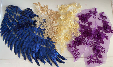 Craftuneed Bundle 8pcs champagne purple 3D floral lace applique sew on sequins floral embroidered lace motif patch