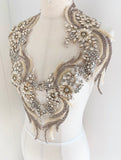 A Pair of Ivory Beige Rhinestone Applique Phoenix Tail Beaded Silver Faux Crystal Embellishments for Dressmaking Dance Costumes DIY