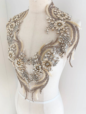 A Pair of Ivory Beige Rhinestone Applique Phoenix Tail Beaded Silver Faux Crystal Embellishments for Dressmaking Dance Costumes DIY