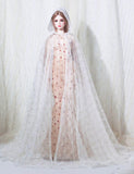 Handmade Doll Cloak with Hood Sheer White Mesh Cape (1/6, 1/4, 1/3 Scale)