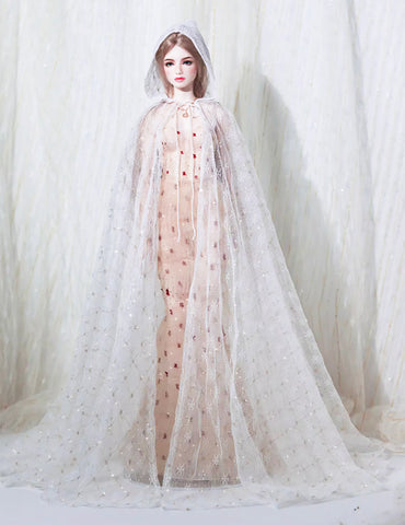 Handmade Doll Cloak with Hood Sheer White Mesh Cape (1/6, 1/4, 1/3 Scale)