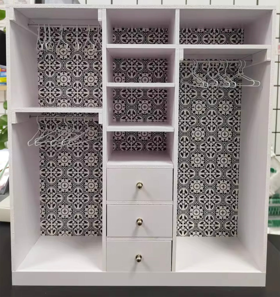 Handmade 1:6 scale Dollhouse Wardrobe Miniature Closet Cabinet with Hangers & Drawers