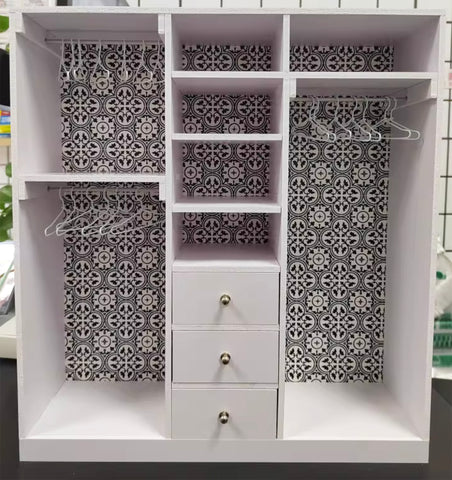 Handmade 1:6 scale Dollhouse Wardrobe Miniature Closet Cabinet with Hangers & Drawers