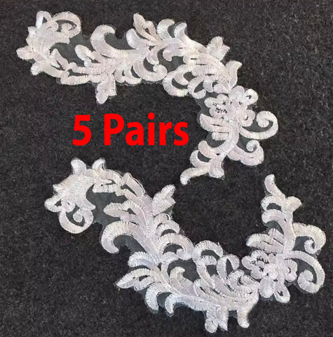 5 Pairs White Bridal Lace Applique Embroidery Floral Motif For Wedding Dress DIY