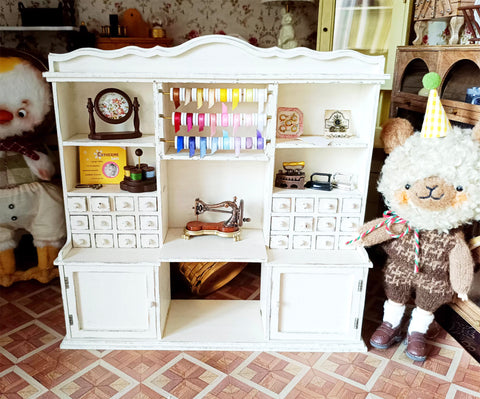 Dollhouse Miniature Sewing Cabinet with Drawers and Accessories Set – Wooden Vintage Style Sewing Cupboard (1:12 Scale)