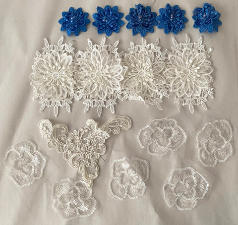 Craftuneed Job lot 16pcs blue ivory flower lace applique sew on floral lace motif patch