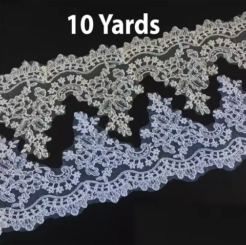 Ivory or White Floral Lace Trim Embroidered Border Edging, Bridal Sewing DIY (10 Yards)