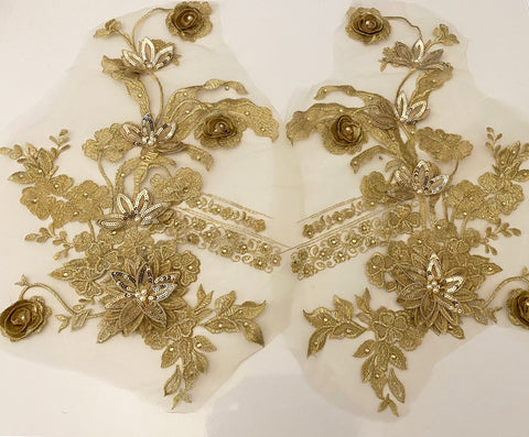 Craftuneed Mirror pair Champagne Gold luxury beads sequins lace applique embroidered floral lace motif patch for dancing costume