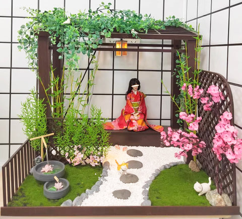 Craftuneed 1:6 scale Japanese Garden Doll Diorama Set Miniature Dollhouse Outdoor Scene with Pavilion Plants and Pathway For Fashion Doll Custom sizes available