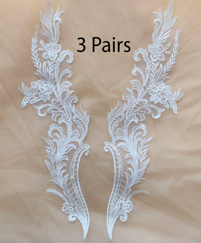 3 Pairs Ivory Sequin Lace Applique Floral Embroidered Bridal Motif Patch