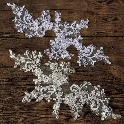 5 Pairs Ivory or White Bridal Lace Applique Embroidered Floral Tulle Lace Motif Patch
