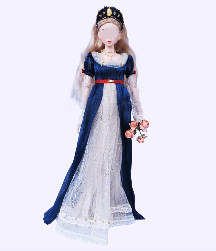 Handmade 1:6 Scale Vintage Romantic Doll Dress – Court Style Gown with Necklace & Hair Accessory