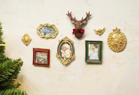 Dollhouse Miniature Vintage Wall Frames Set of 8 Picture Frames & Christmas Deer Head Decor (1:6 Scale)