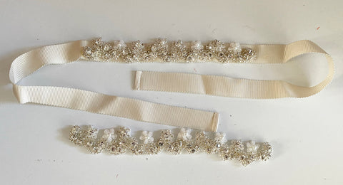 Handmade Rhinestone & Faux Pearl Motif Bridal Bracelet or DIY Applique Ivory Beaded Embellishment on Ribbon Craftuneed