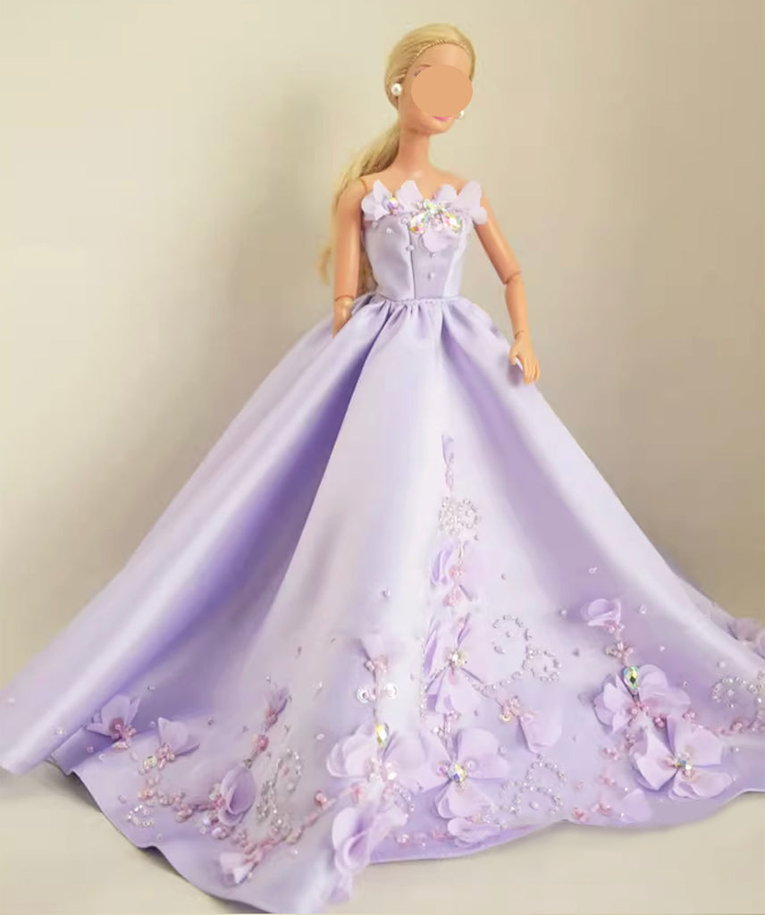 Handmade 1:6 Scale Lilac Purple Satin Beaded Doll Dress Miniature Couture Floral Gown