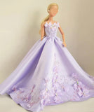 Handmade 1:6 Scale Lilac Purple Satin Beaded Doll Dress Miniature Couture Floral Gown