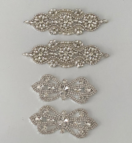 Craftuneed Bundle 4pcs Iron on Silver Rhinestones embellishment motif crystal beads applique patch