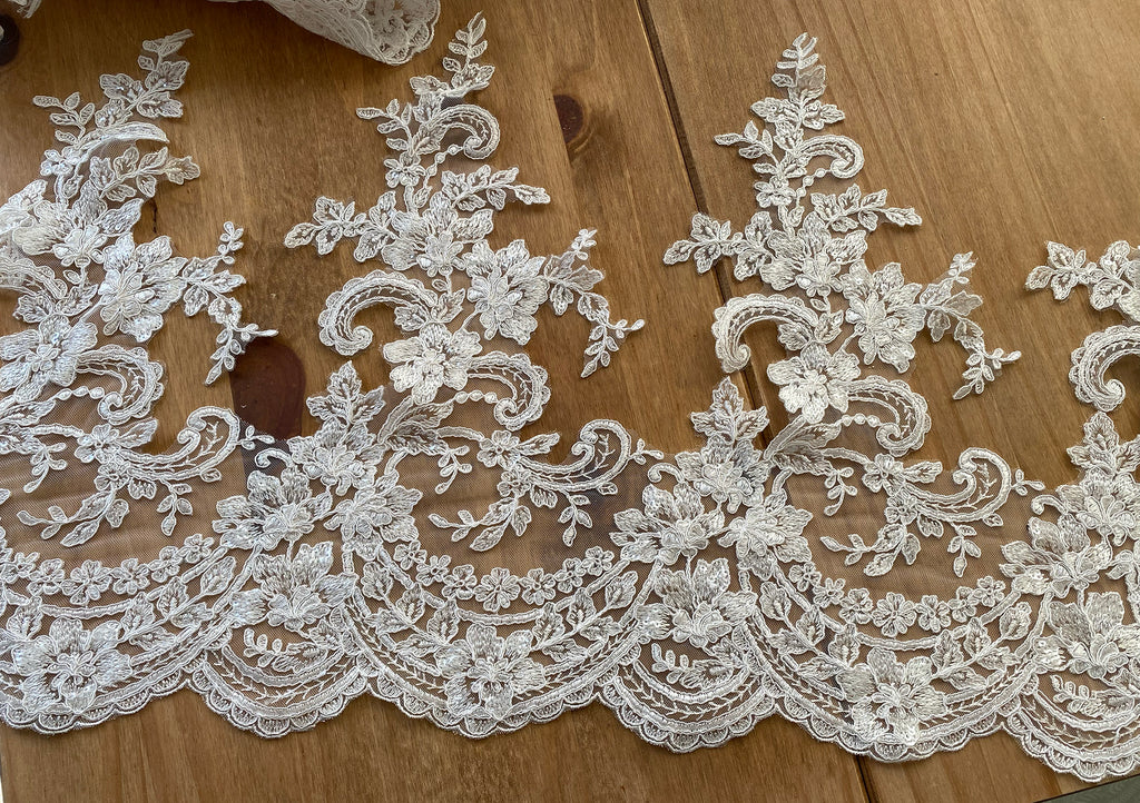 Ivory Sequin Floral Lace Trim Bridal Wedding Embroidered Lace Border 120cm Length
