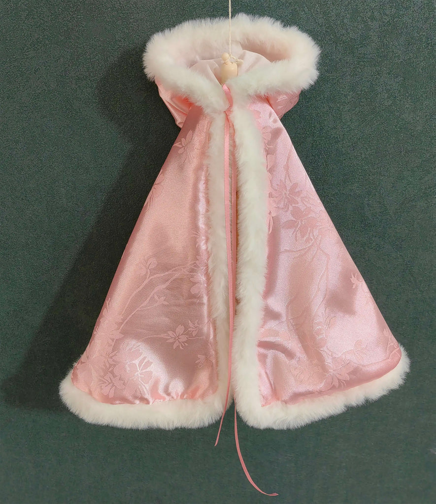 Handmade Doll Cape Miniature Pink Satin Faux Fur Hooded Cloak 1/6 1/4 1/3 Custom