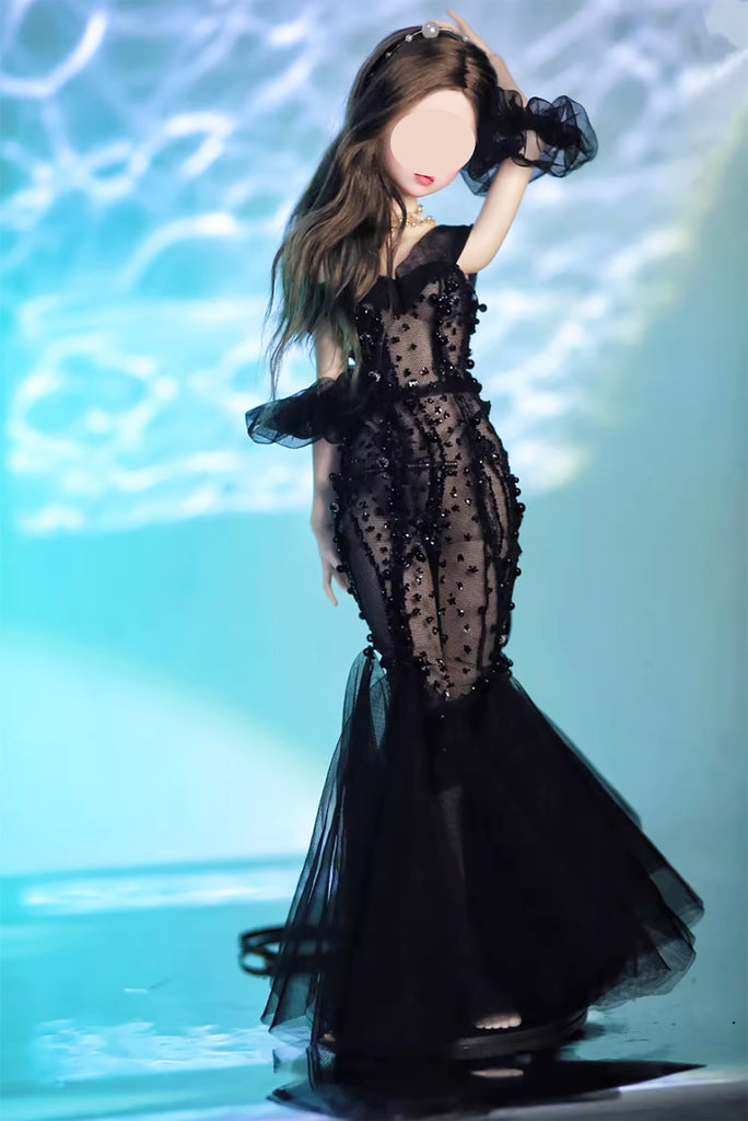 Handmade Black Mermaid Doll Evening Dress with Sleeves For 1/6 1/4 1/3 Scale