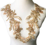 Champagne Gold Rhinestone Lace Applique Pair Beaded Bridal Faux Crystal Bodice Motif Patch