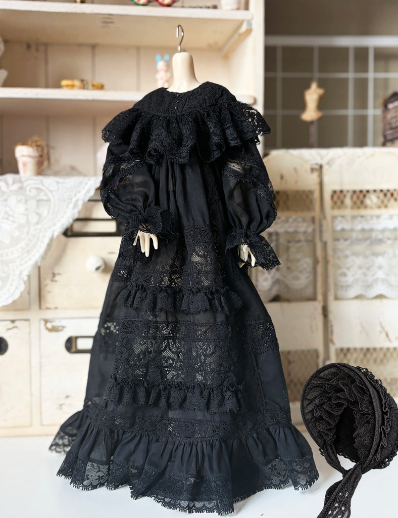 1:4 Scale Doll Dress Set Victorian Vintage Lace Clothing with Bonnet Hat Black Ivory