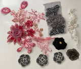 Craftuneed Bundle 8pcs rose pink grey black beads lace applique sew on floral sequins lace motif patch