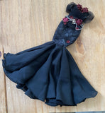 Craftuneed 1:6 Scale Doll Black Lace Mermaid Evening Gown Gothic Style Black Dress with Red Floral Accents For Fashion Dolls Handmade