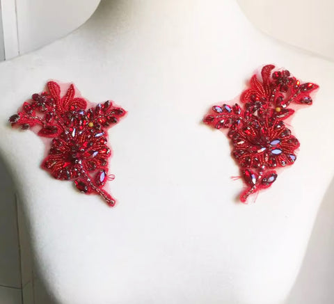 Red Beaded Rhinestone Lace Applique Pair, Bridal Costume Faux Crystal Motif Patch