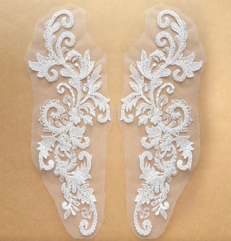 Ivory Beaded Lace Applique Pair Sequins Floral Embroidery Bridal Motif Patch For Wedding