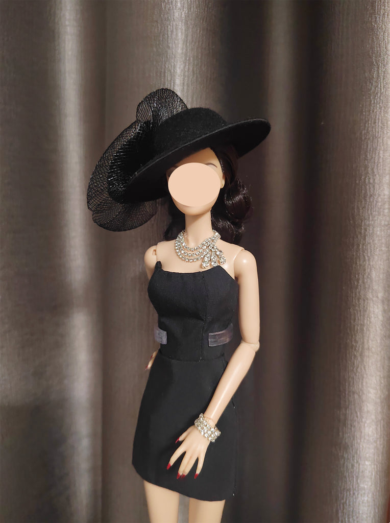 Handmade 1:6 Scale Doll Black Dress Outfit Set with Miniature Hat, Necklace & Bracelet