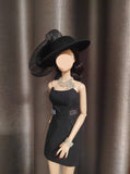 Handmade 1:6 Scale Doll Black Dress Outfit Set with Miniature Hat, Necklace & Bracelet