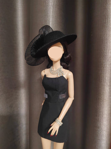 Handmade 1:6 Scale Doll Black Dress Outfit Set with Miniature Hat, Necklace & Bracelet