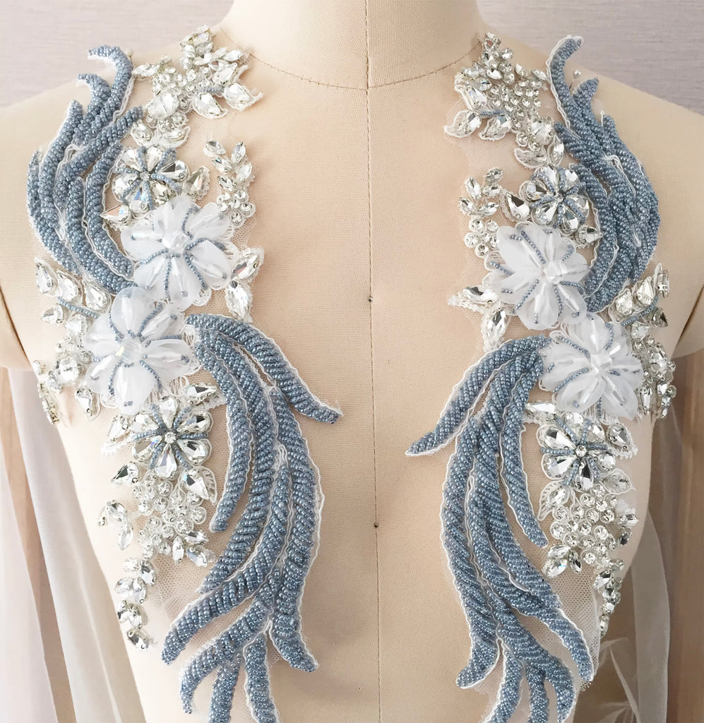 Grey Blue Floral Beaded Lace Applique Pair – Crystal Embroidery Motif for Sewing