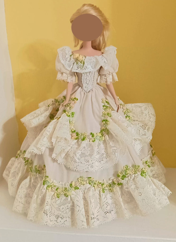 Handmade 1:6 Scale Doll Victorian Lace Dress Beaded Beige Ivory Historical Gown Outfit