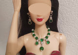 1:6 Doll Necklace Earrings Set Miniature Green Faux Pearl Rhinestone Jewellery Handmade